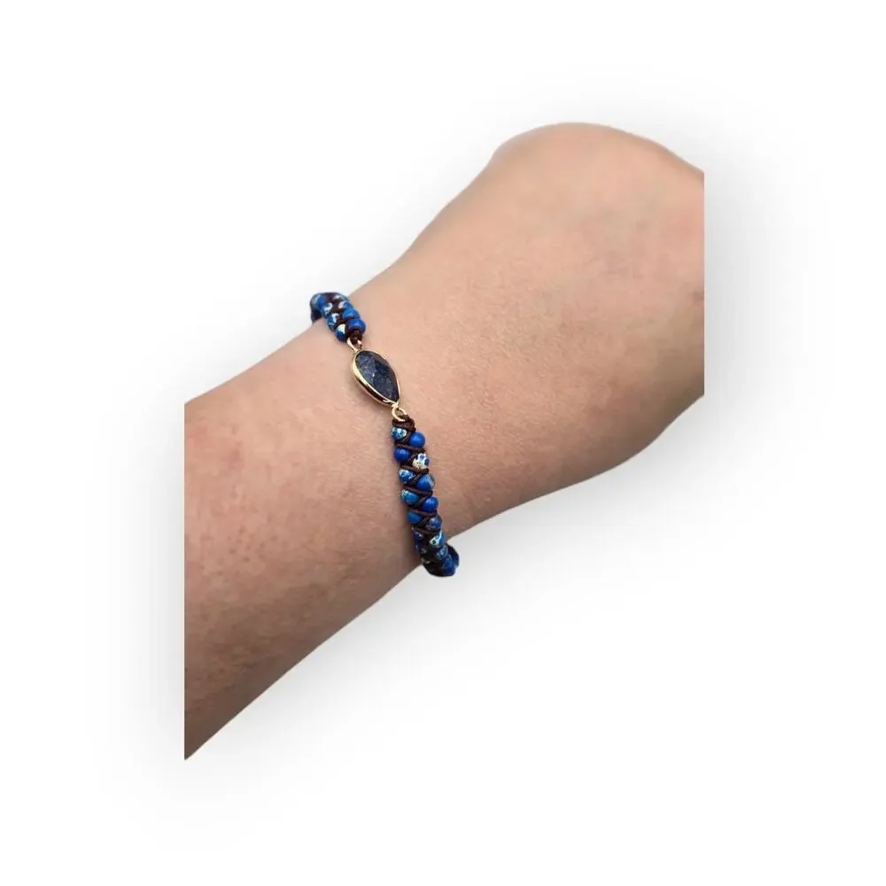 Boho Lapis Blue Beaded Macrame Bracelet – Adjustable Pull Tie Gold Tone Accent